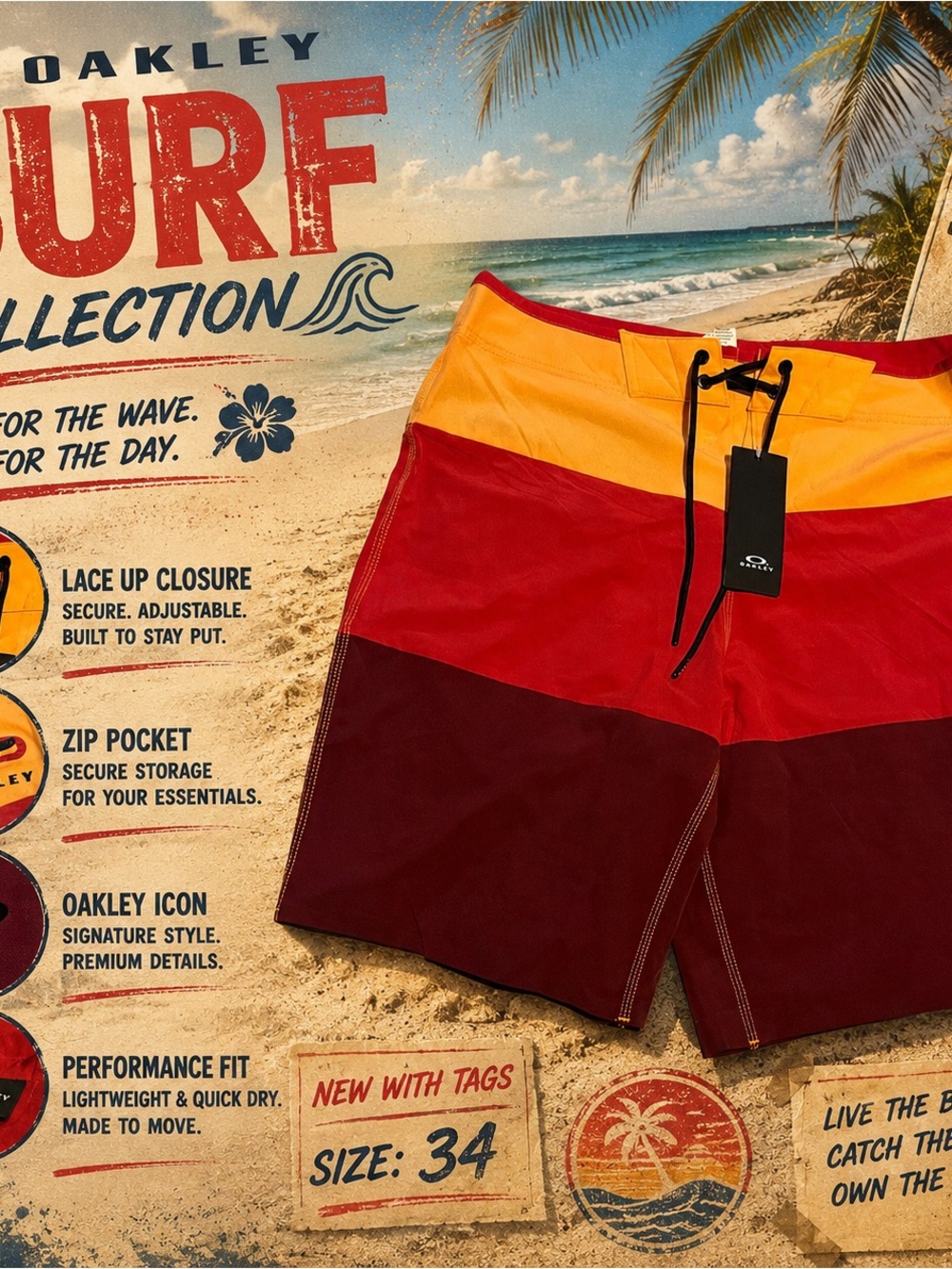 Oakley Men’s Colorblock Board Shorts in Yellow, Red, Burgundy